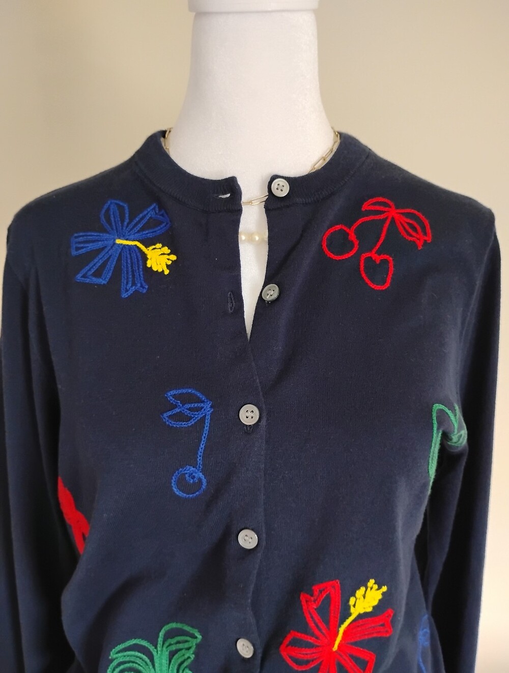 J. Crew Tropical Embroidered Jackie Cardigan Navy Blue Colorful Beach Size Large